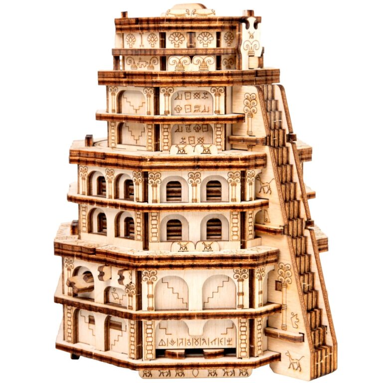 Wooden model of a tiered building with a staircase and engraved details