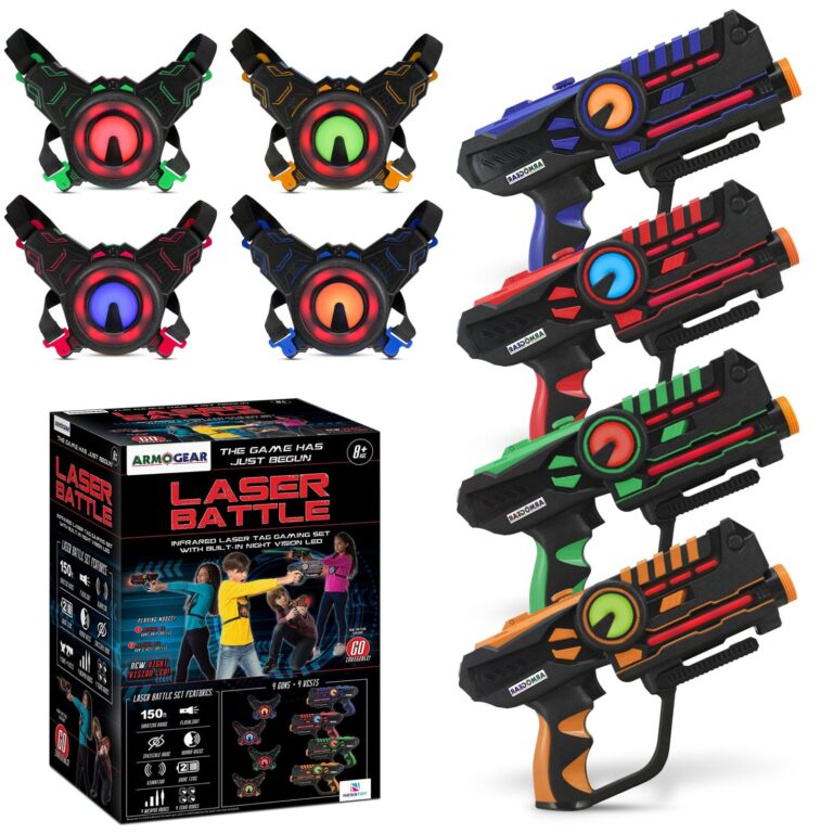 Laser tag set with four guns, four vests, and packaging showing kids playing