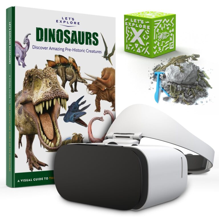Dinosaur book, VR headset, excavation kit, and dinosaur illustrations on white background