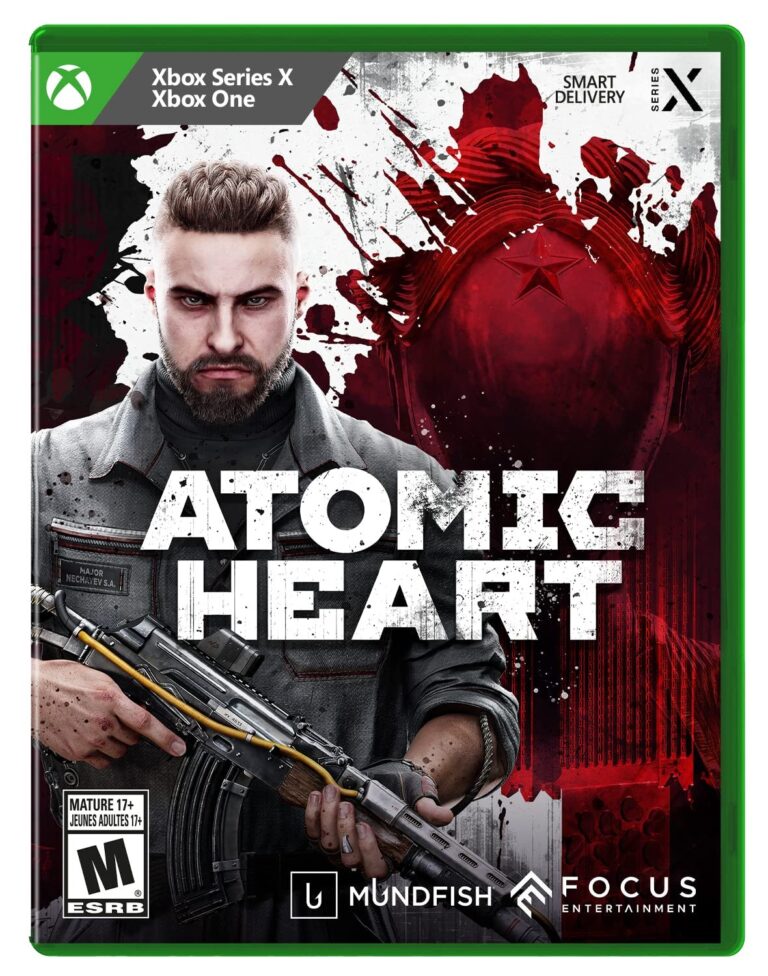 Atomic Heart Xbox game cover featuring a man holding a rifle
