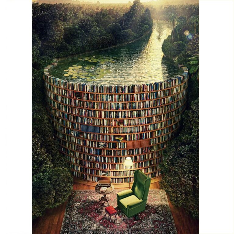 A library shaped like a cylinder with a pool on top, surrounded by forest