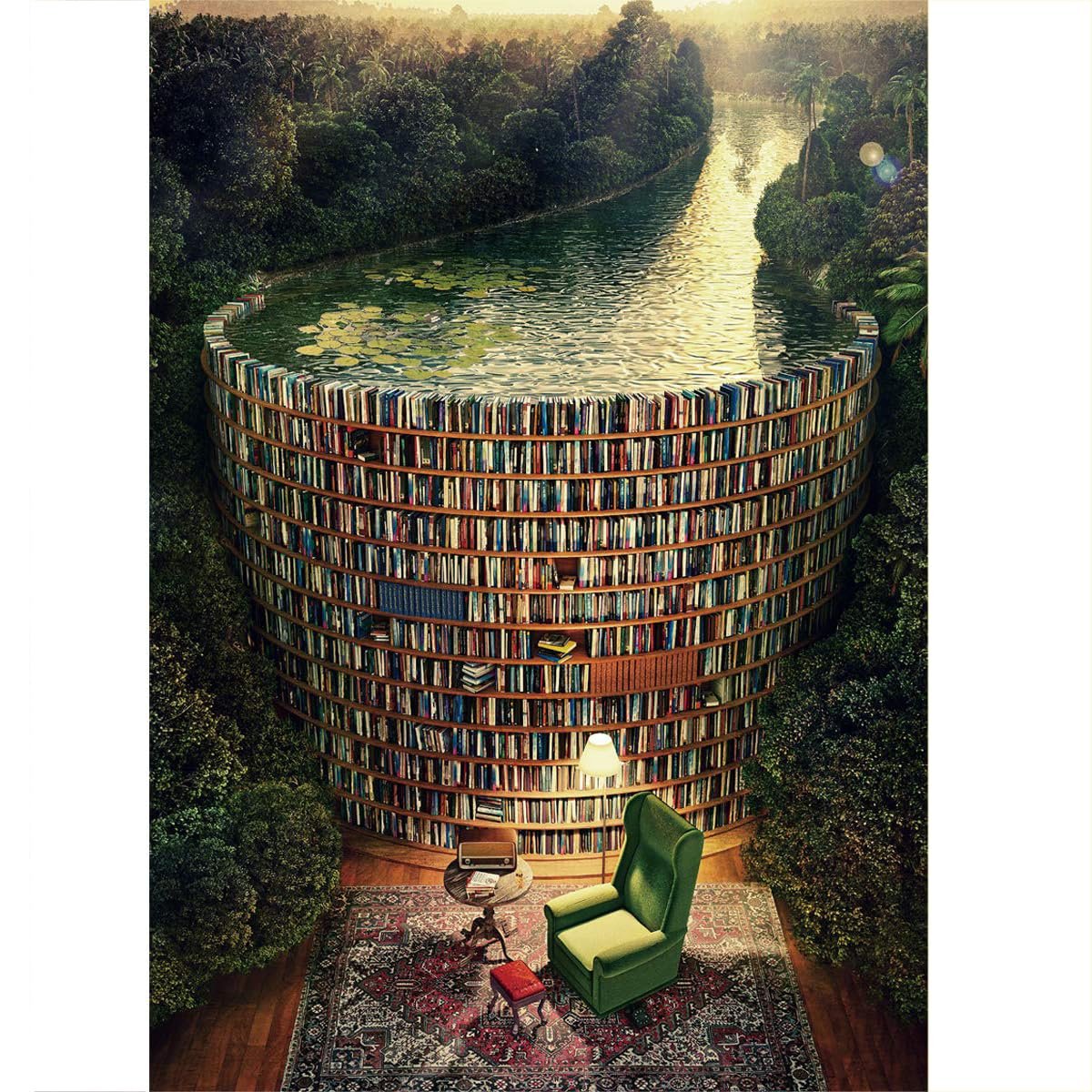 A library shaped like a cylinder with a pool on top, surrounded by forest