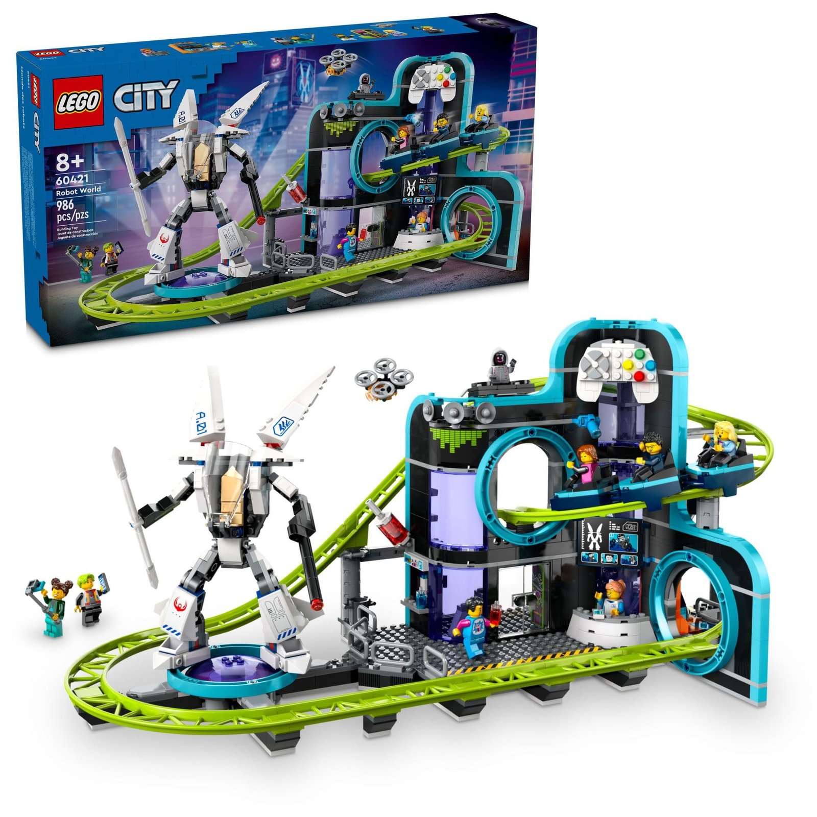 Lego City Robot World set with a robot, roller coaster, and minifigures