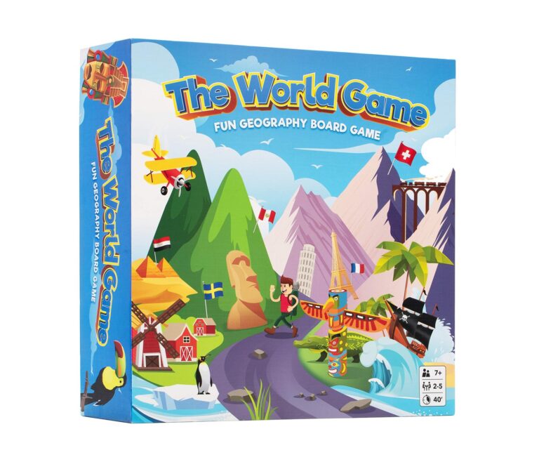 The World Game" board game box with world landmarks and cartoon illustrations