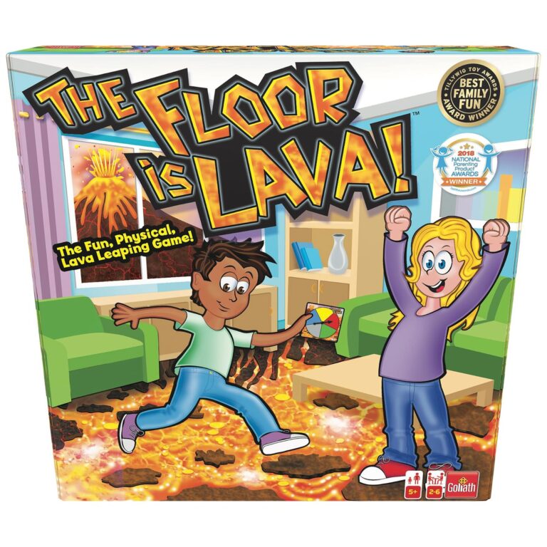 The Floor is Lava" game box with cartoon children leaping over lava