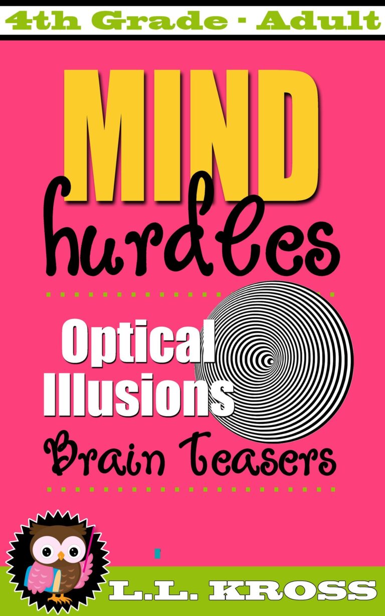 Book cover: "Mind Hurdles" with optical illusions, brain teasers, and an owl
