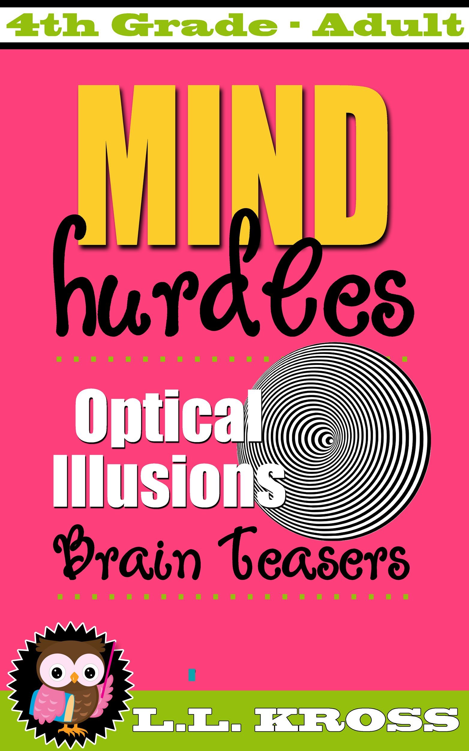 Book cover: "Mind Hurdles" with optical illusions, brain teasers, and an owl