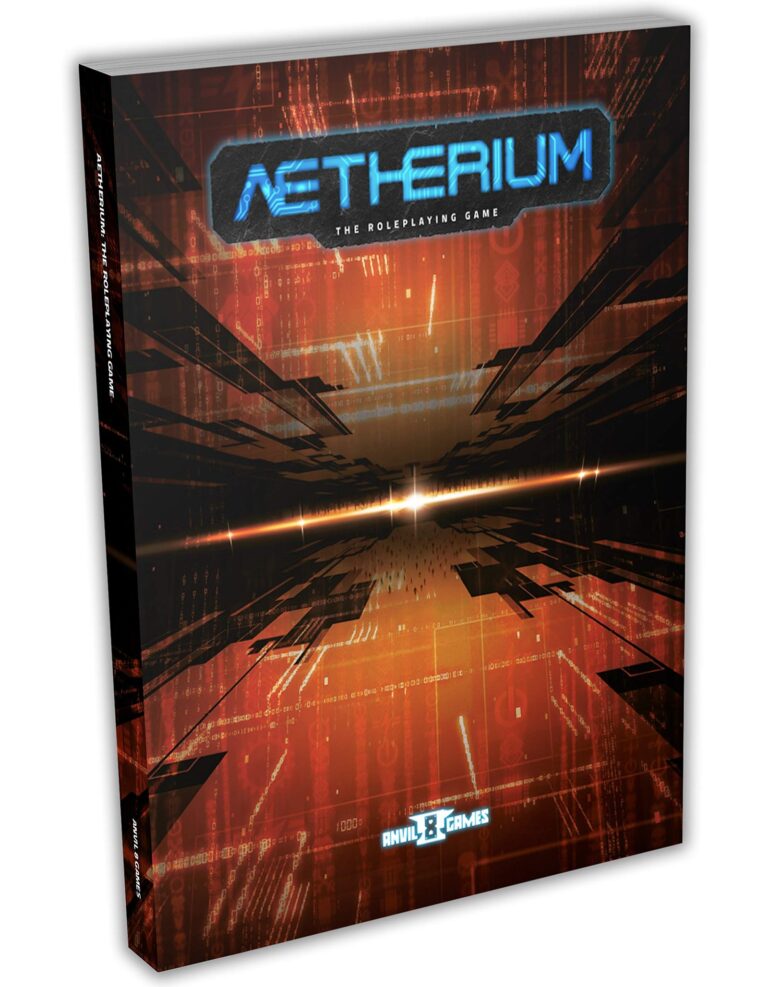 Aetherium roleplaying game book cover with a futuristic, digital design