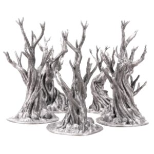 Silver, stylized miniature trees with gnarled trunks and bare branches