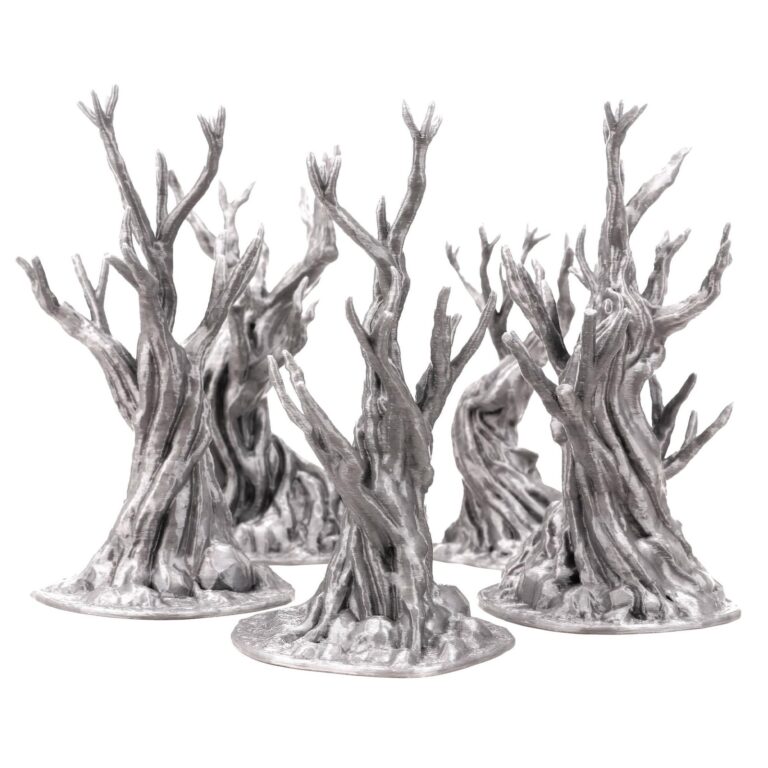 Silver, stylized miniature trees with gnarled trunks and bare branches