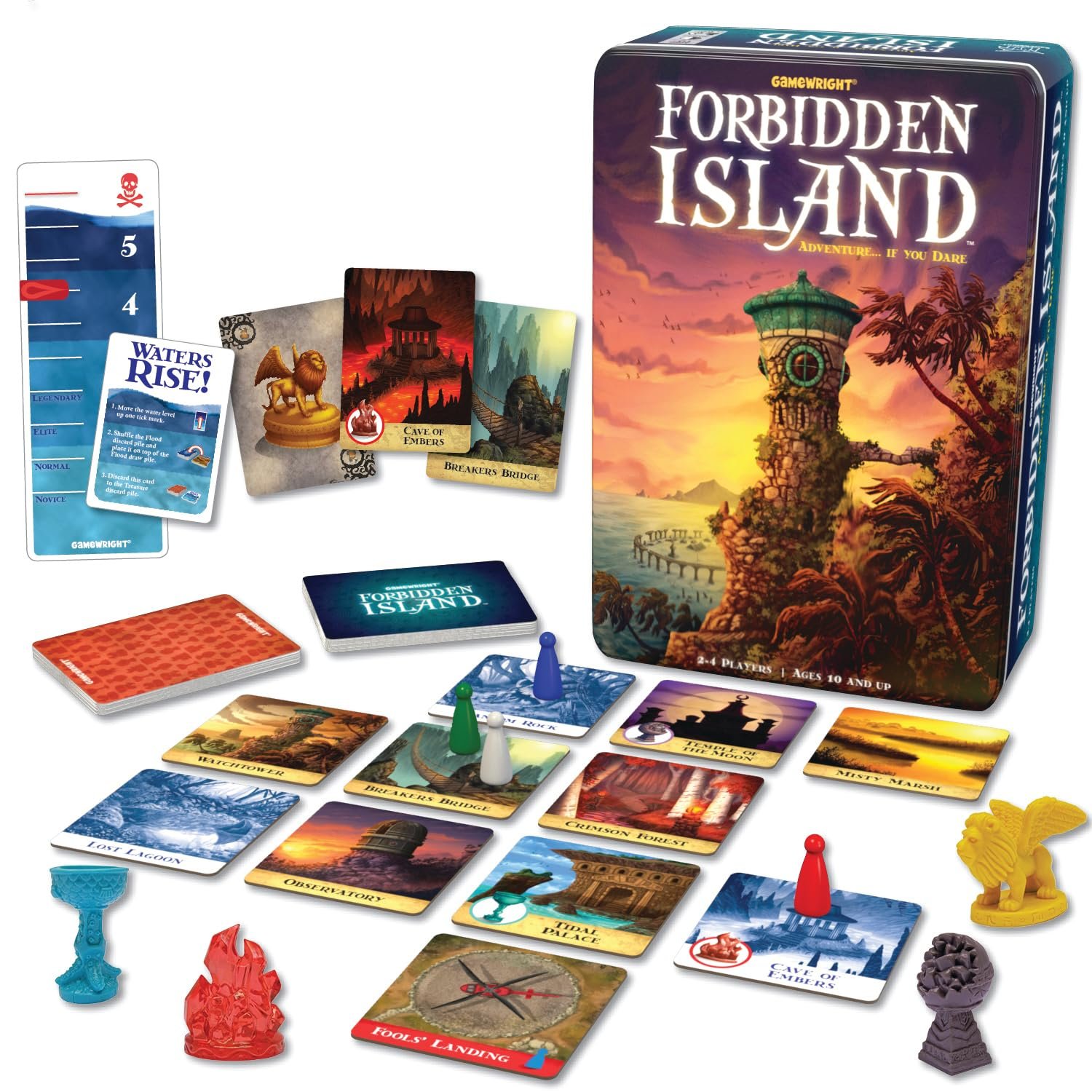 Forbidden Island board game set with cards, tokens, and a tin box