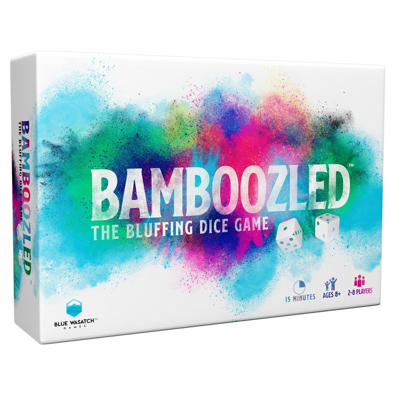 Box for "Bamboozled" dice game with colorful paint splatter background