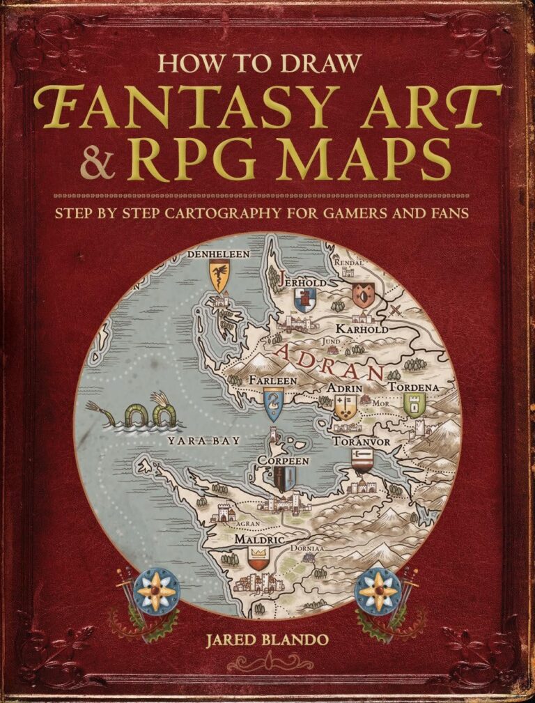Book cover: "How to Draw Fantasy Art & RPG Maps" with a world map