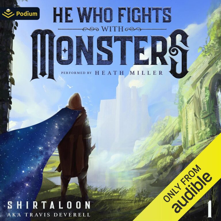 Book cover: hooded figure with starry cape, title "He Who Fights With Monsters"