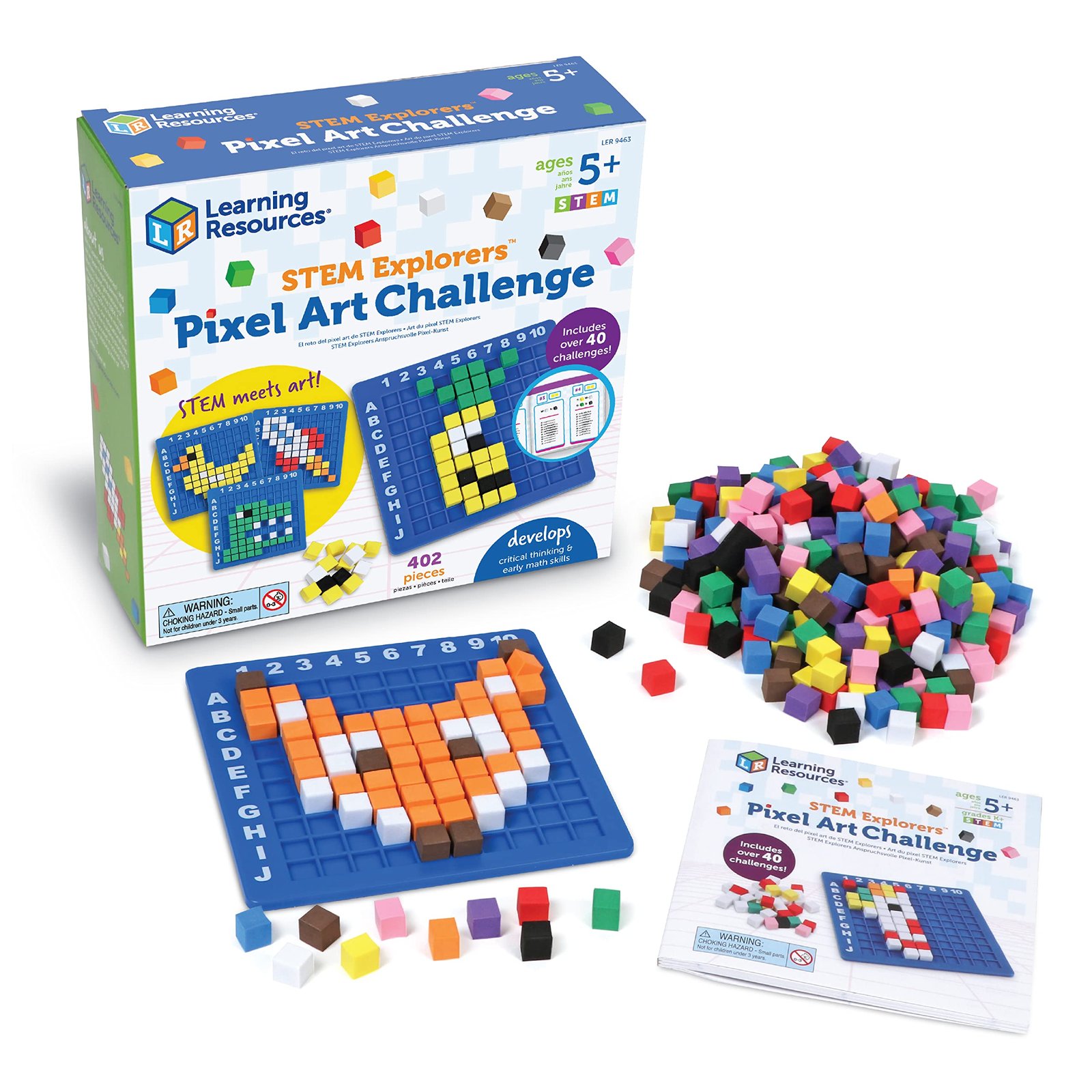 STEM Explorers Pixel Art Challenge game set with colorful cubes and grids