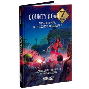 County Road Z" tabletop rulebook cover: woman with bow fighting zombies in rural setting