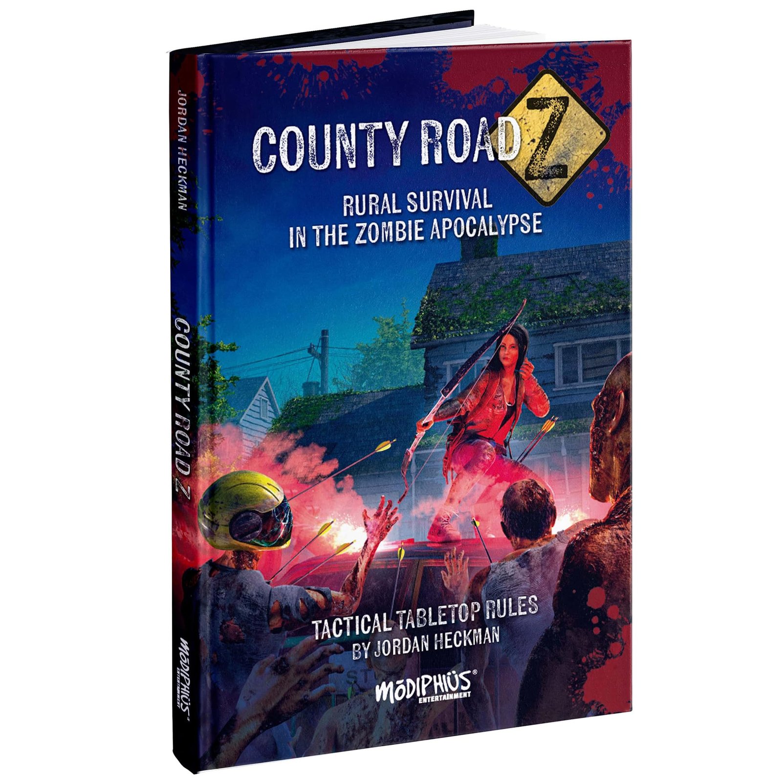 County Road Z" tabletop rulebook cover: woman with bow fighting zombies in rural setting