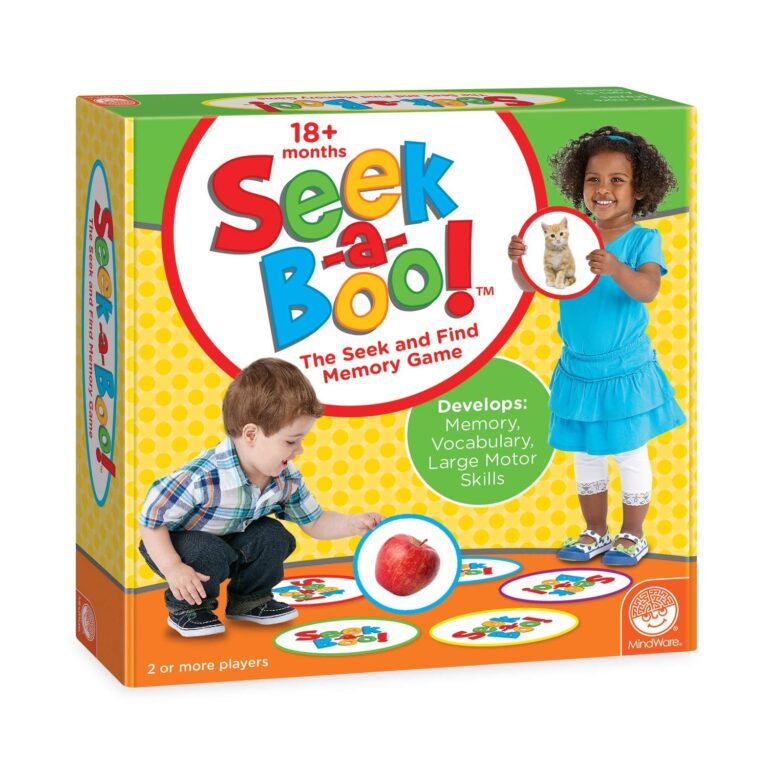 Seek-a-Boo" memory game box with children holding matching picture cards