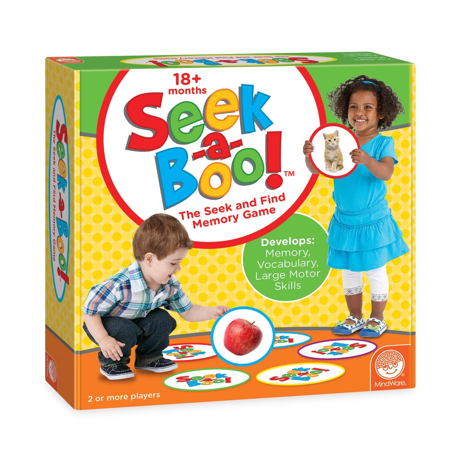 Seek-a-Boo" memory game box with children holding matching picture cards
