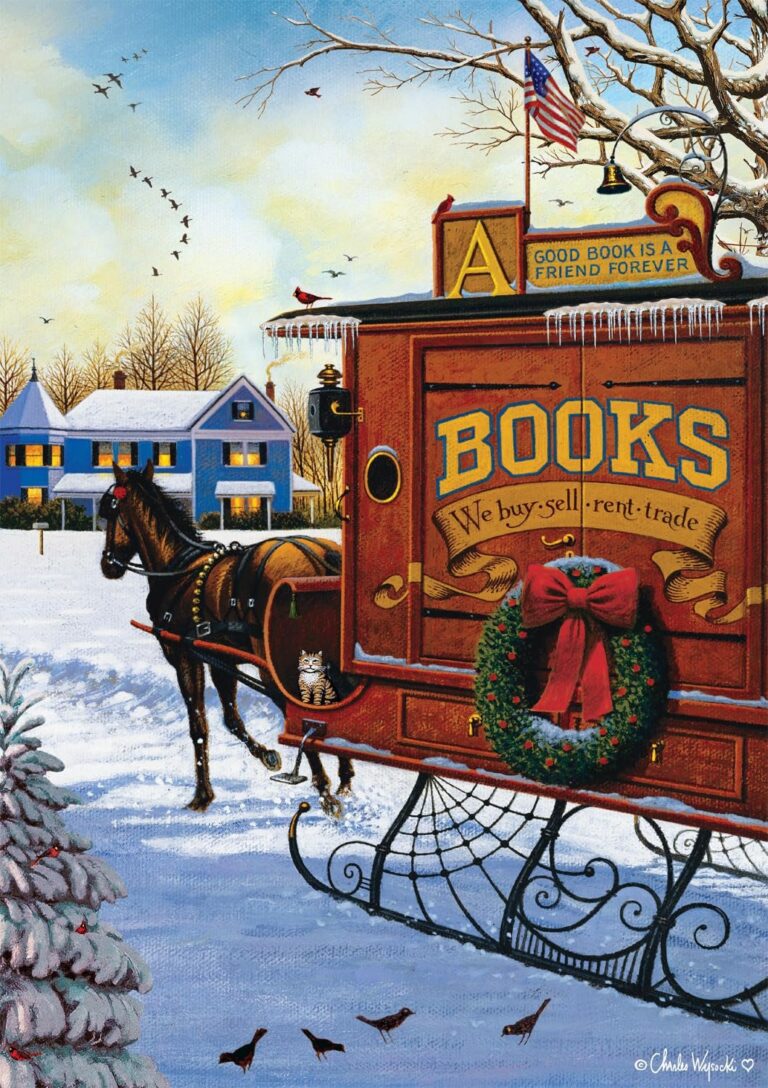 Horse-drawn book cart in winter scene with cat, wreath, and American flag