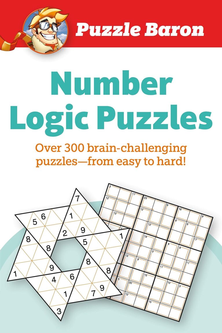 Cover of "Number Logic Puzzles" book with puzzle examples and cartoon character