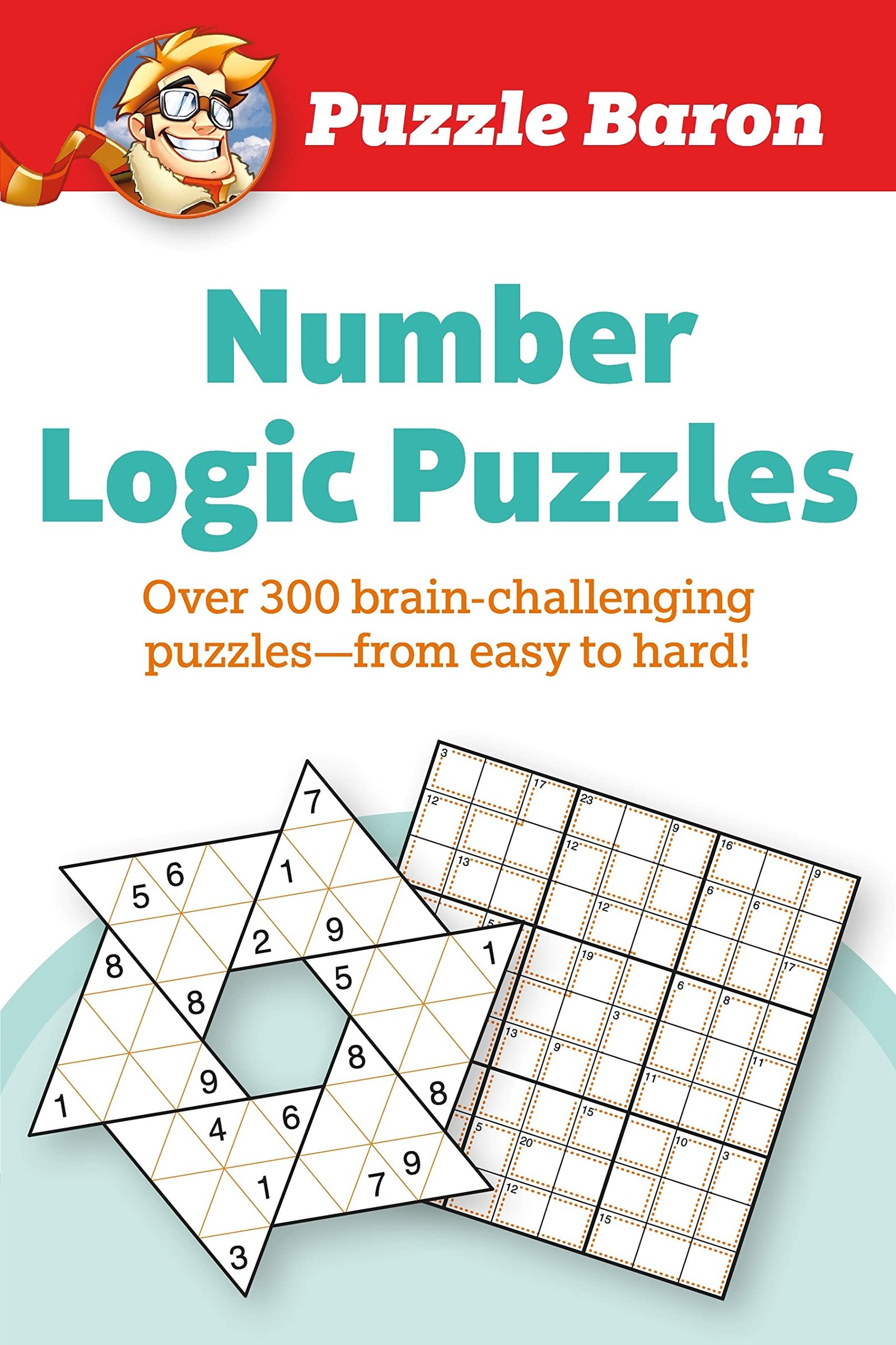 Cover of "Number Logic Puzzles" book with puzzle examples and cartoon character