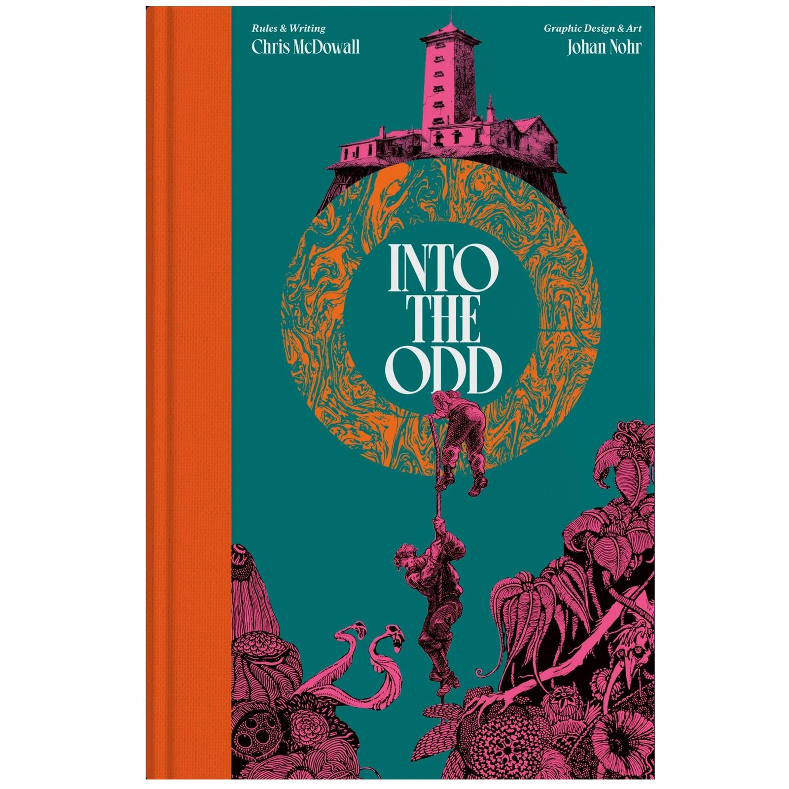 Book cover with title "Into the Odd," two figures climbing, and a tower
