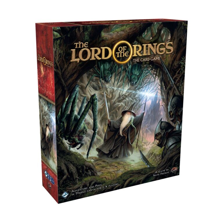 Lord of the Rings card game box with Gandalf, spiders, and orcs