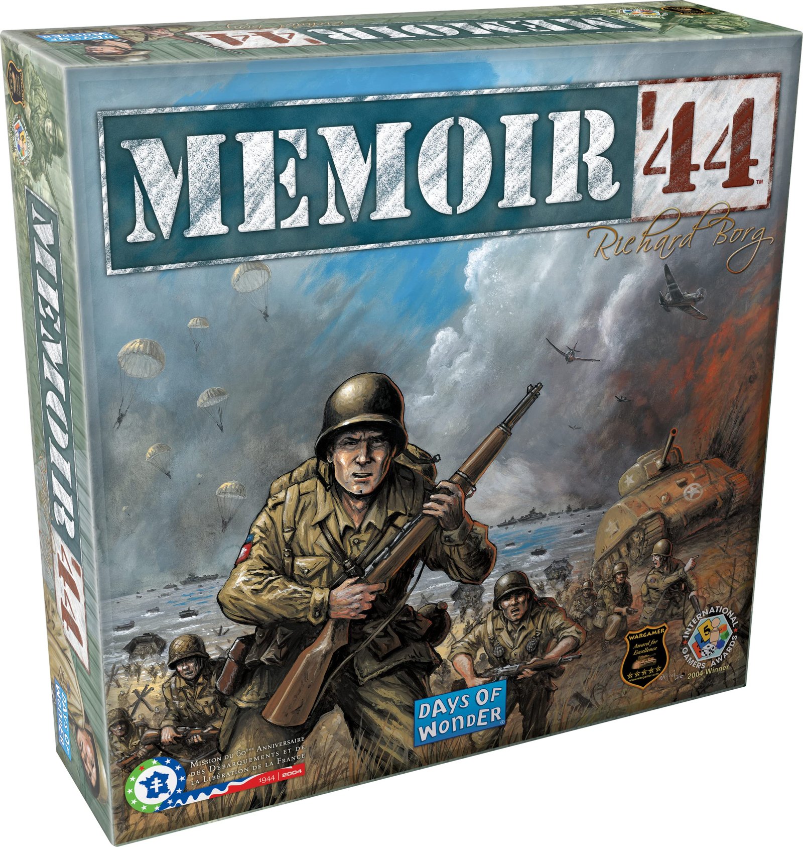 Memoir '44 board game box art with soldiers, tanks, and planes