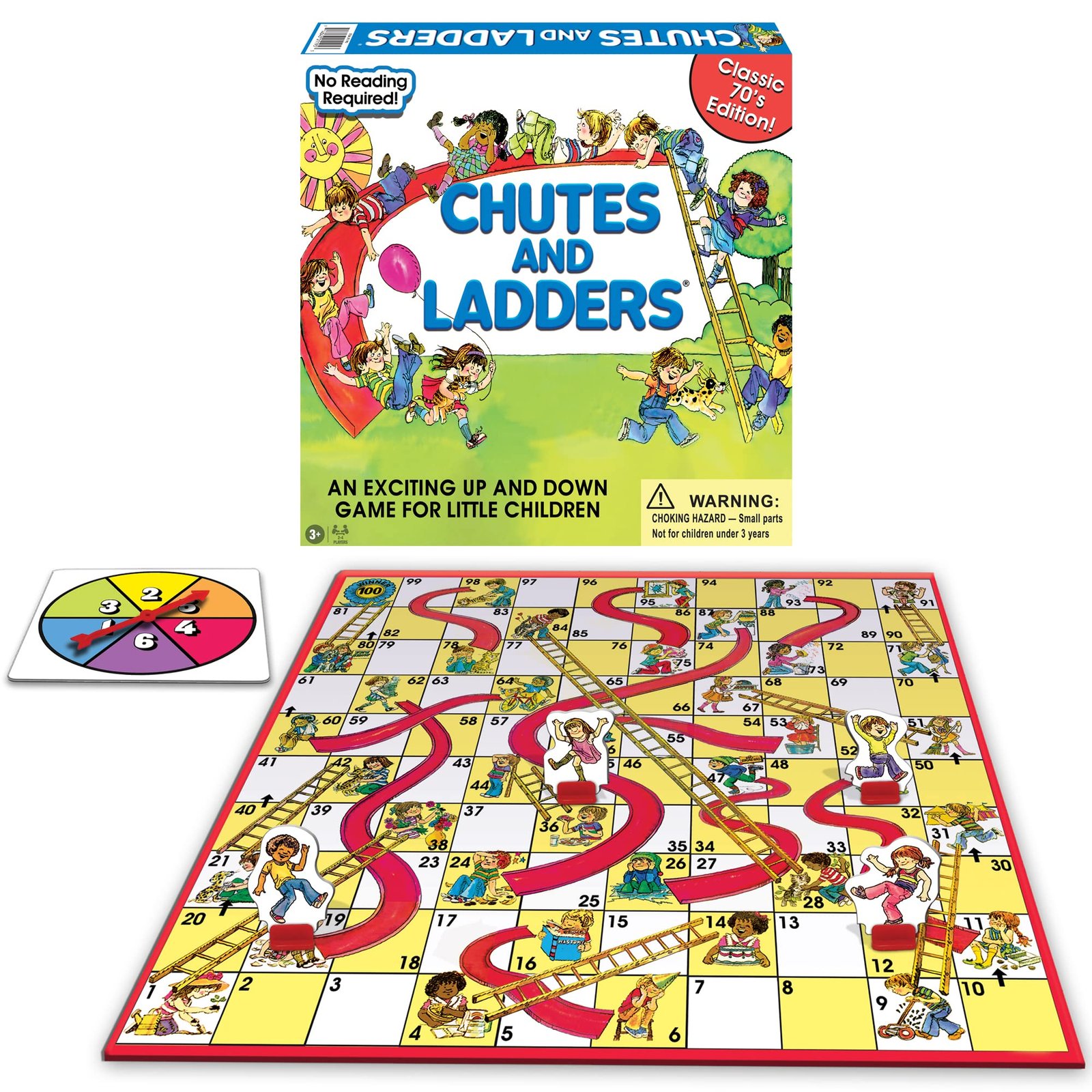 Chutes and Ladders" board game with spinner, ladders, chutes, and numbered squares