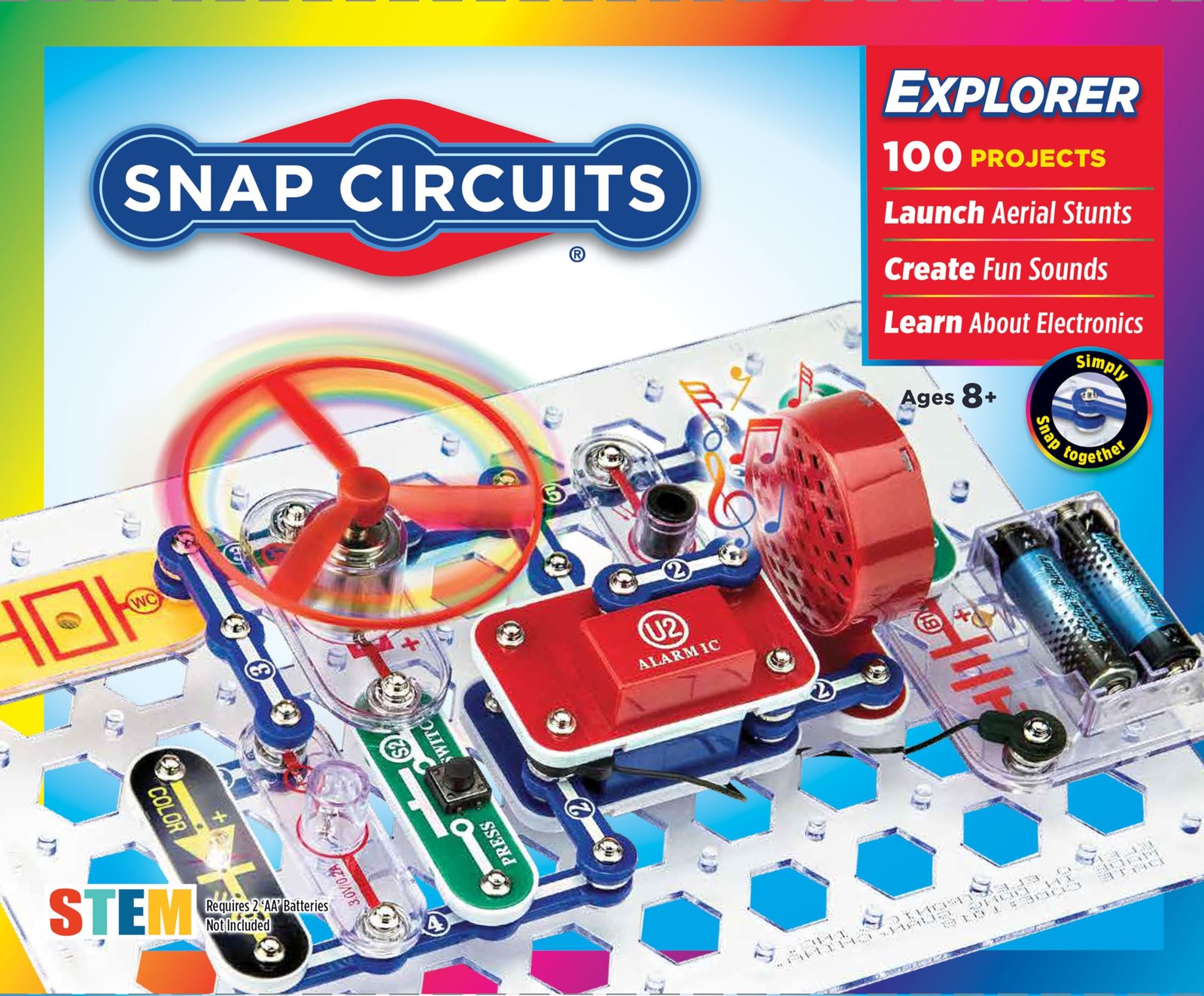 Snap Circuits Explorer kit with electronic components and a spinning propeller