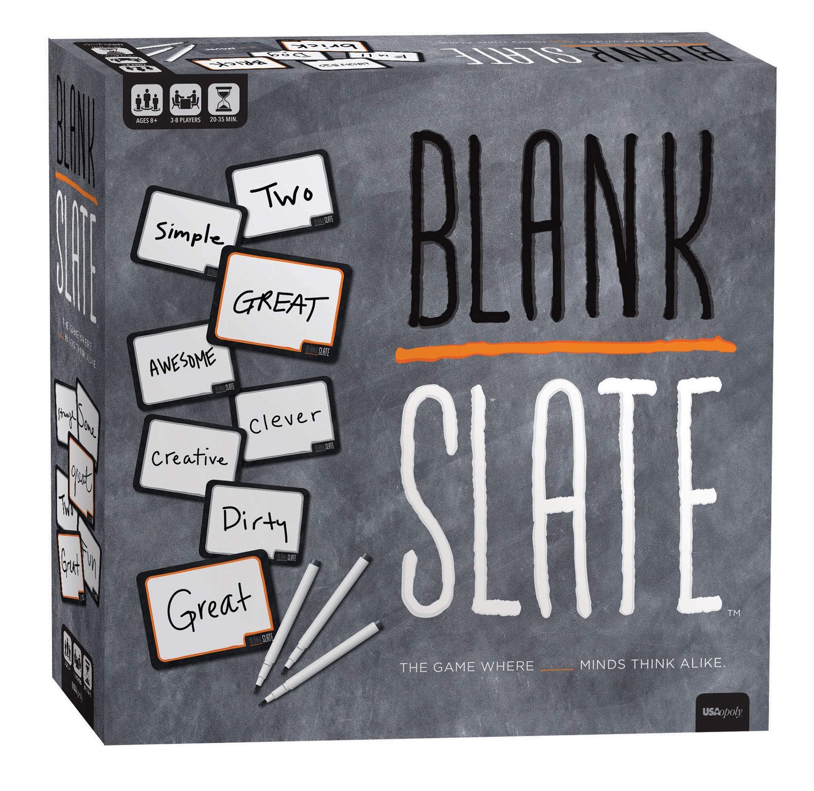 Blank Slate" board game box with word cards and markers on a gray background