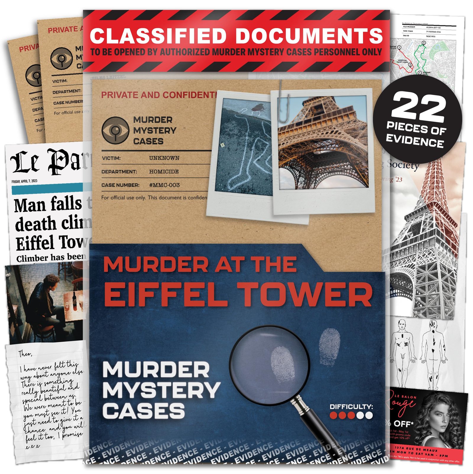Murder at the Eiffel Tower" case file with evidence, newspaper, and magnifying glass