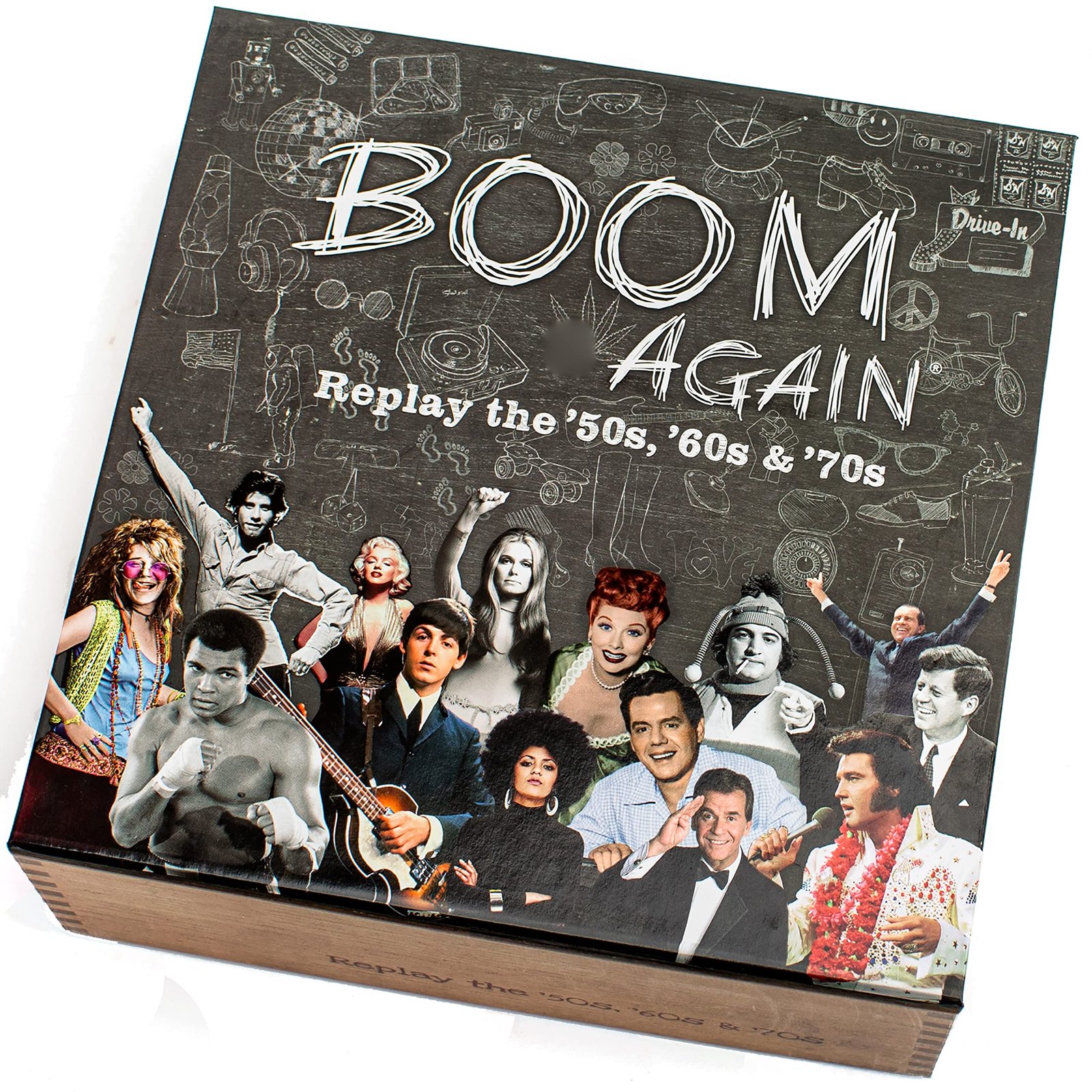Boom Again" board game box with celebrities from the 1950s, 60s, and 70s