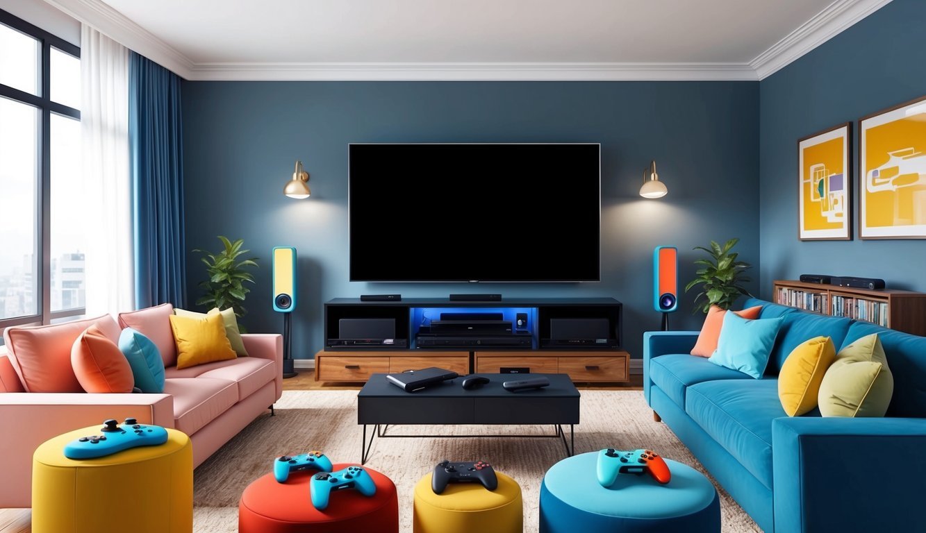 Modern living room with large TV, colorful couches, and gaming controllers