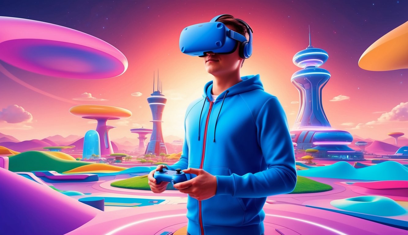 A player wearing a VR headset and holding a controller, standing in a virtual world with futuristic buildings and colorful landscapes