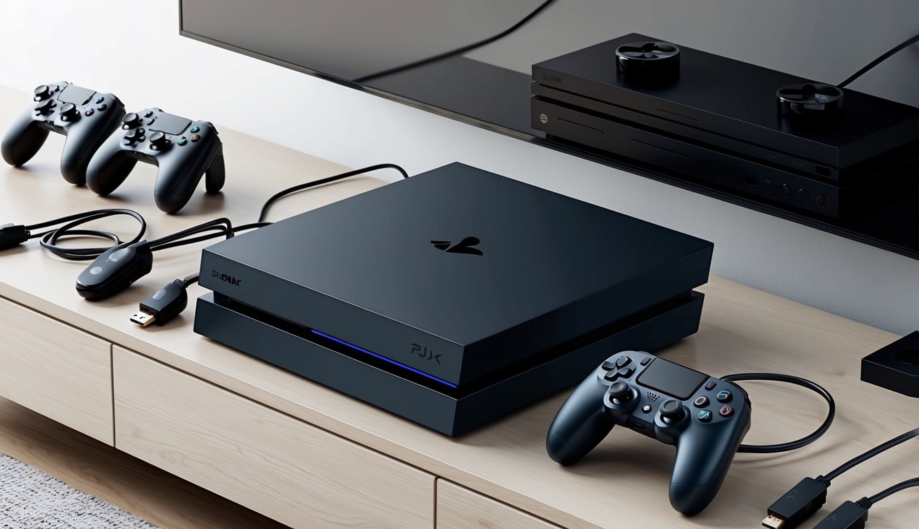 A large, sleek video game console surrounded by controllers and cables on a clean, modern entertainment center