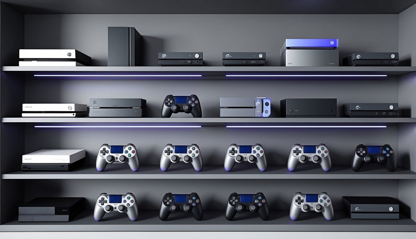 A collection of consoles and video game controllers arranged in a symmetrical pattern on a sleek, modern shelf