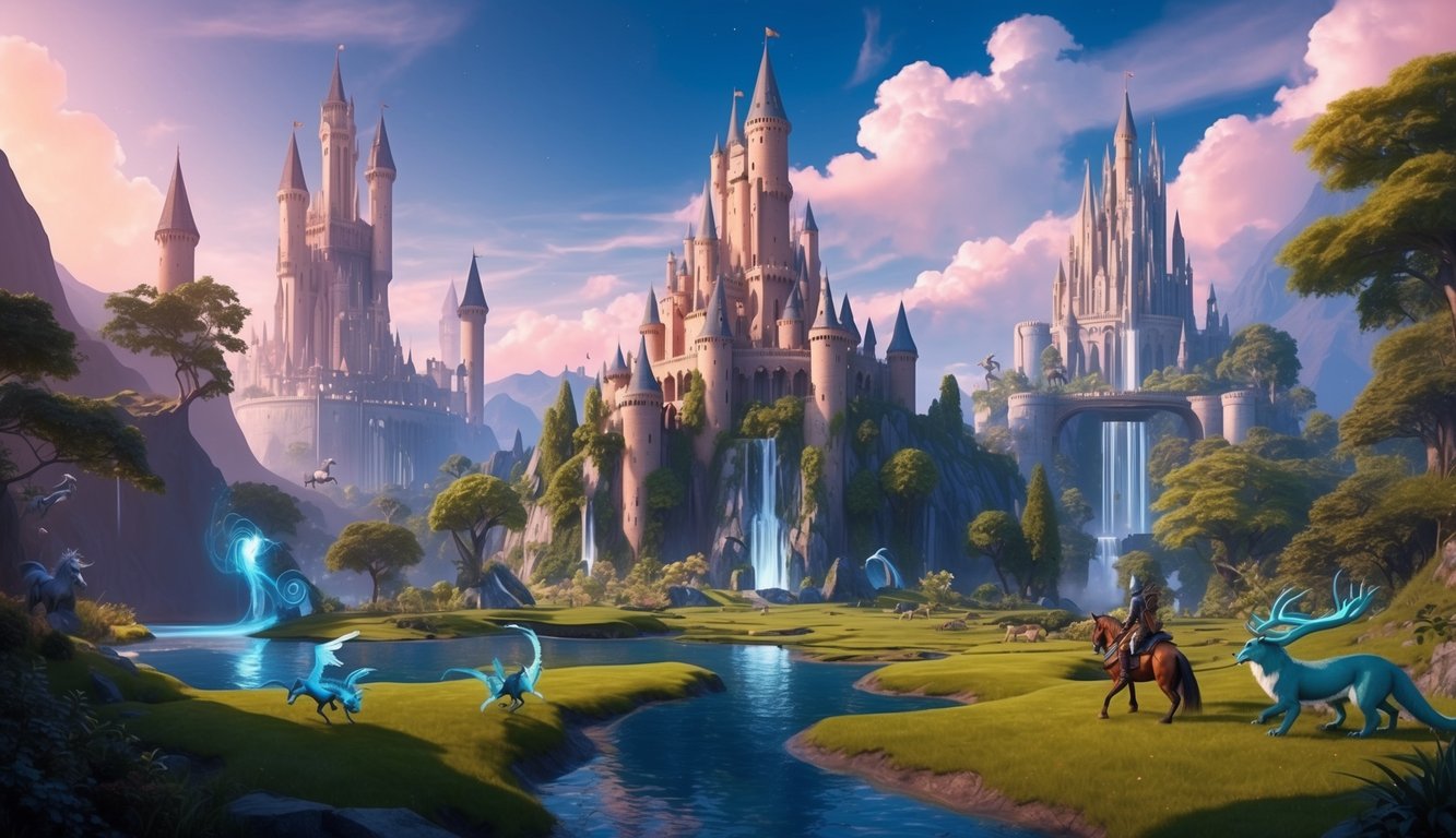 A futuristic virtual reality world with towering castles, lush forests, and mythical creatures
