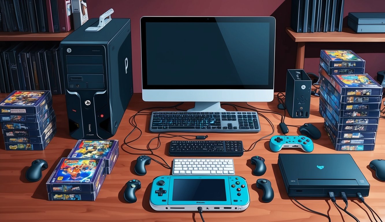A cluttered desk with a PC and handheld gaming console surrounded by video game cases and controllers