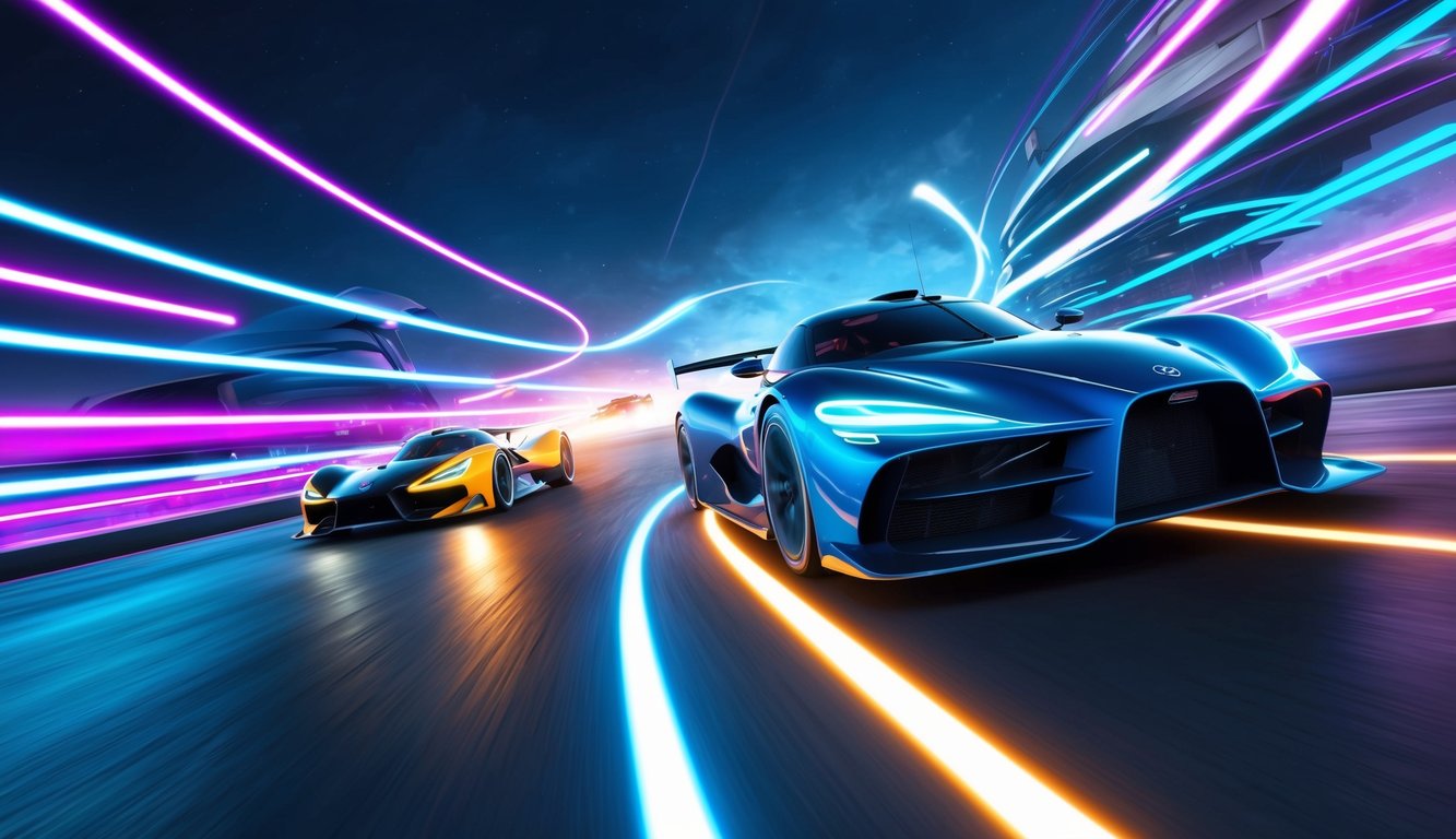 A futuristic VR racing game with sleek, high-speed vehicles zooming through neon-lit tracks with sharp turns and exhilarating jumps