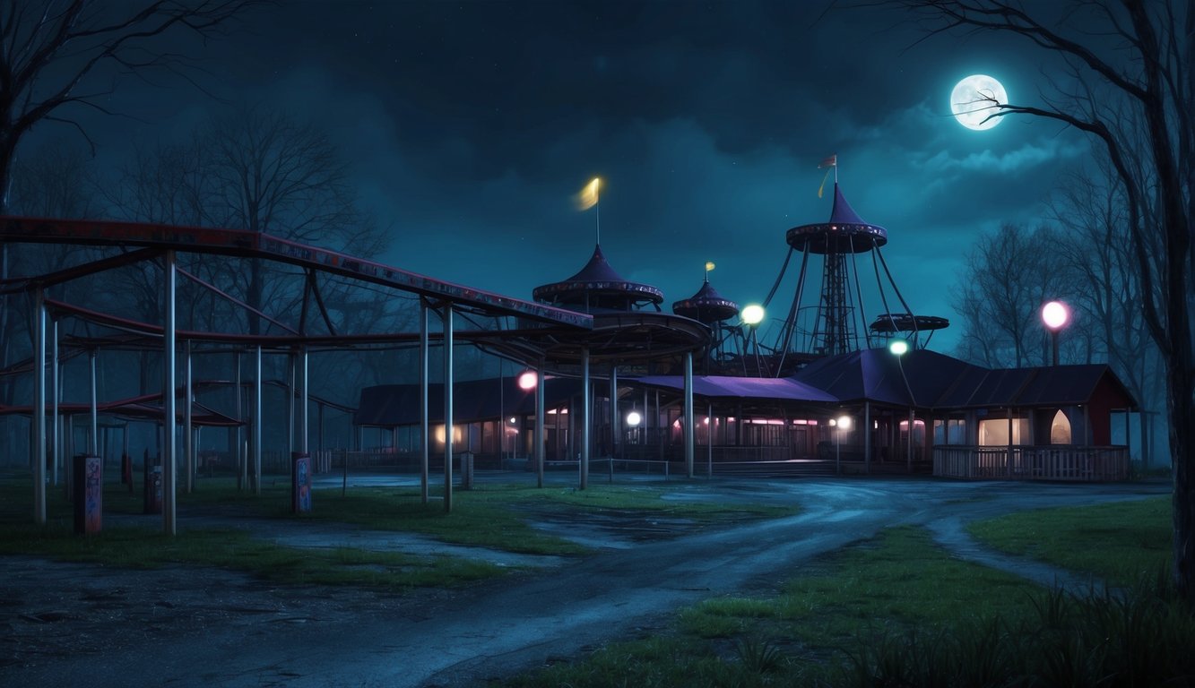 A dark, abandoned amusement park at night, with eerie sounds and flickering lights