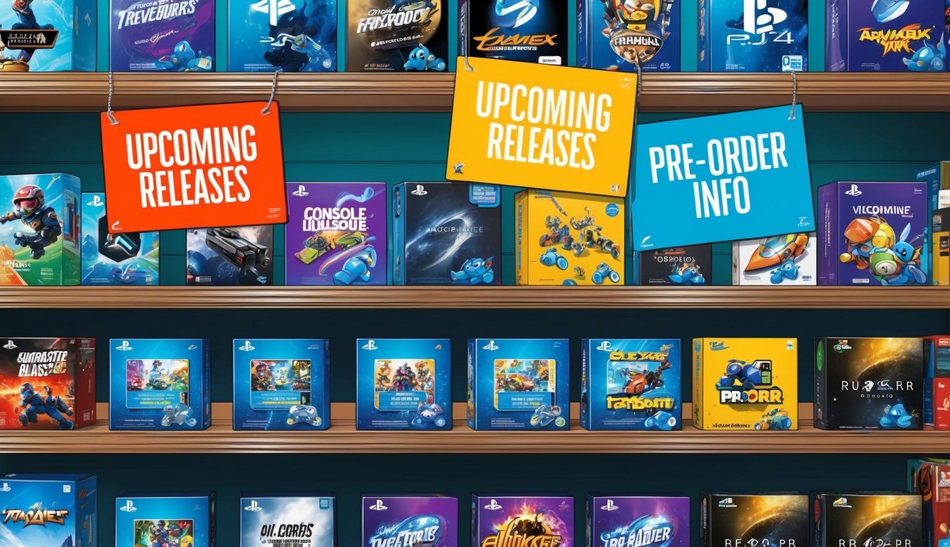 A colorful array of console video game boxes lined up on a shelf, with "Upcoming Releases" and "Pre-Order Info" signs displayed prominently
