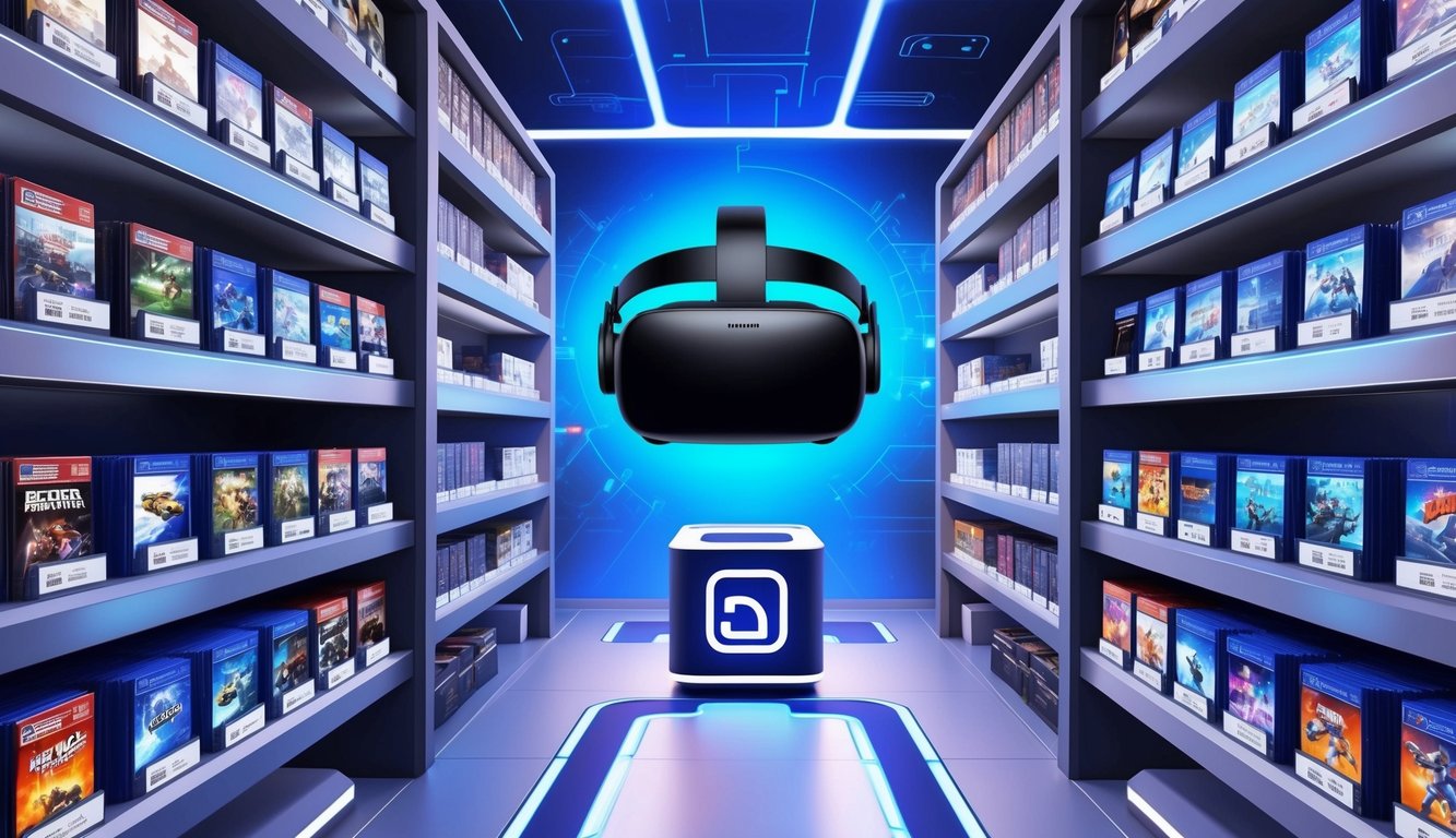 A virtual reality headset is surrounded by shelves of video game cases and subscription cards in a futuristic store