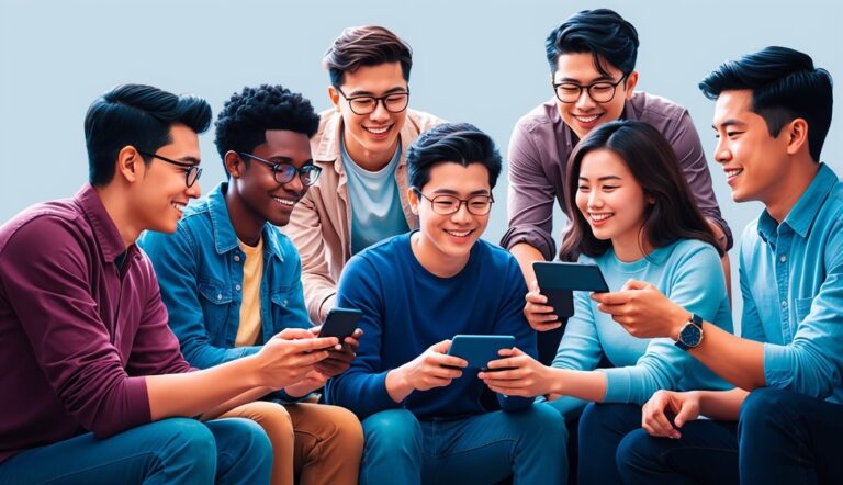 Group of diverse young adults smiling while looking at smartphones