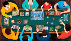 People playing board games around a table, various game boards visible