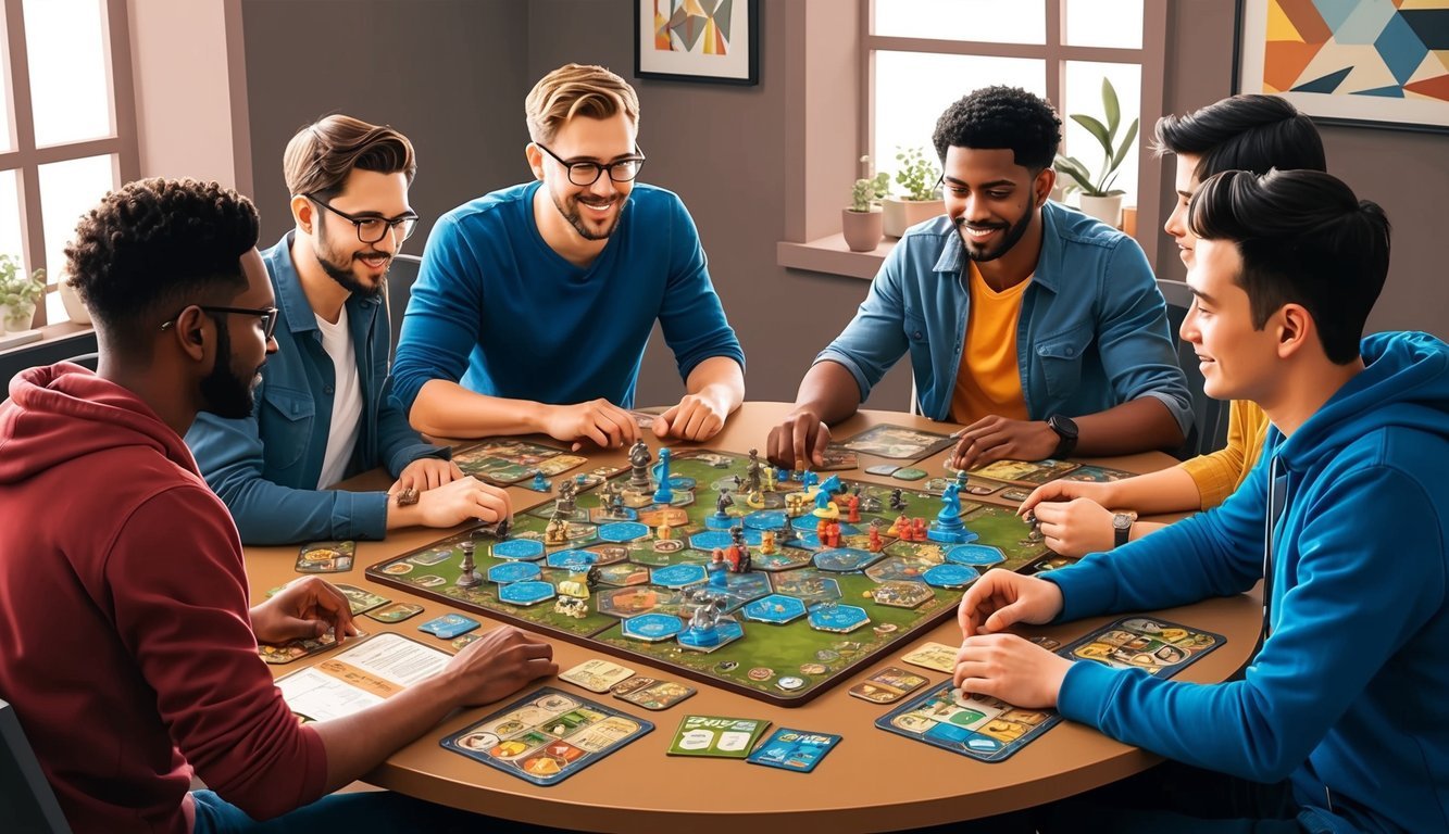 Six men playing a board game around a round table, smiling