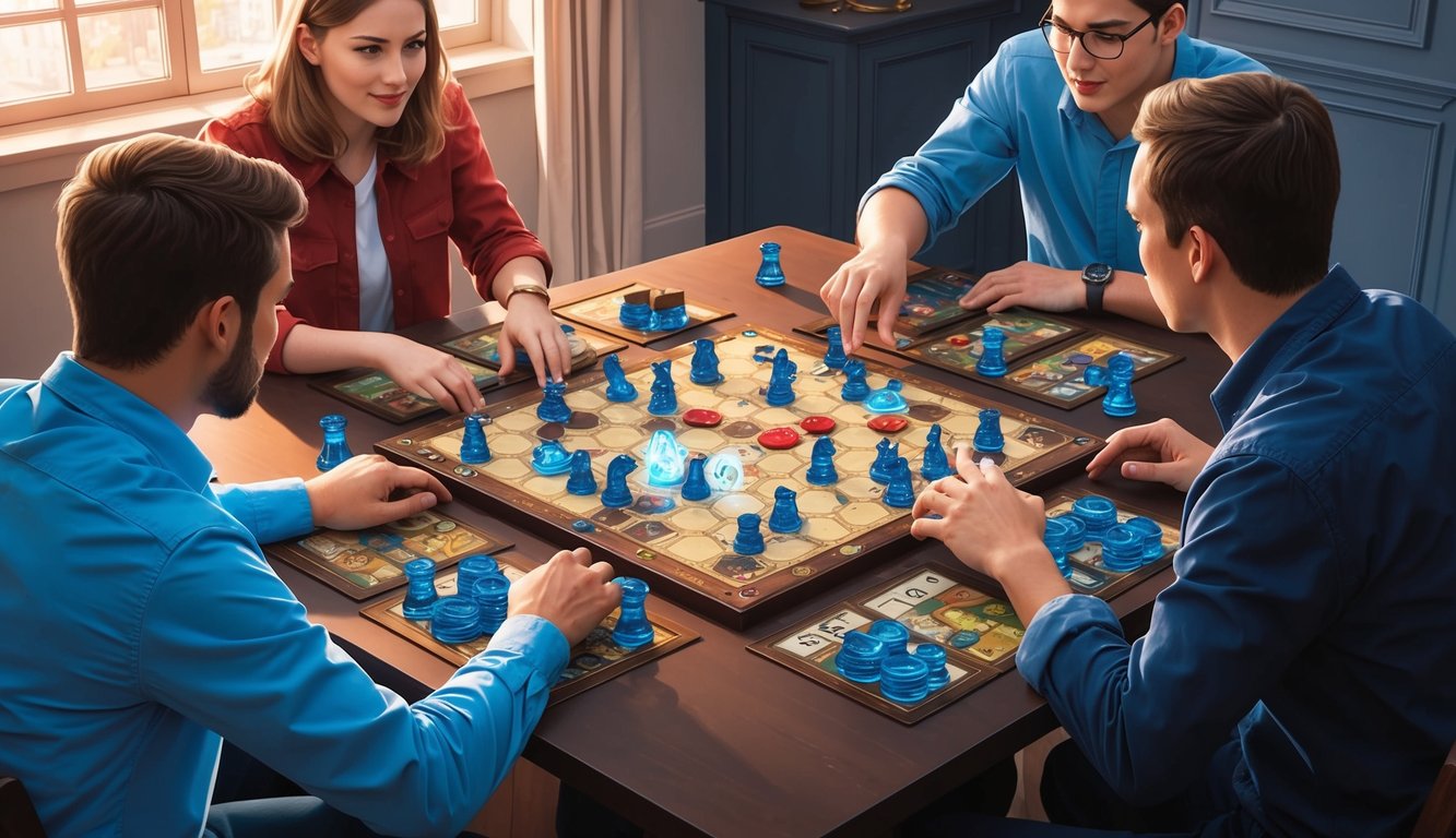 Players strategize around a table, moving game pieces and discussing cooperative mechanics