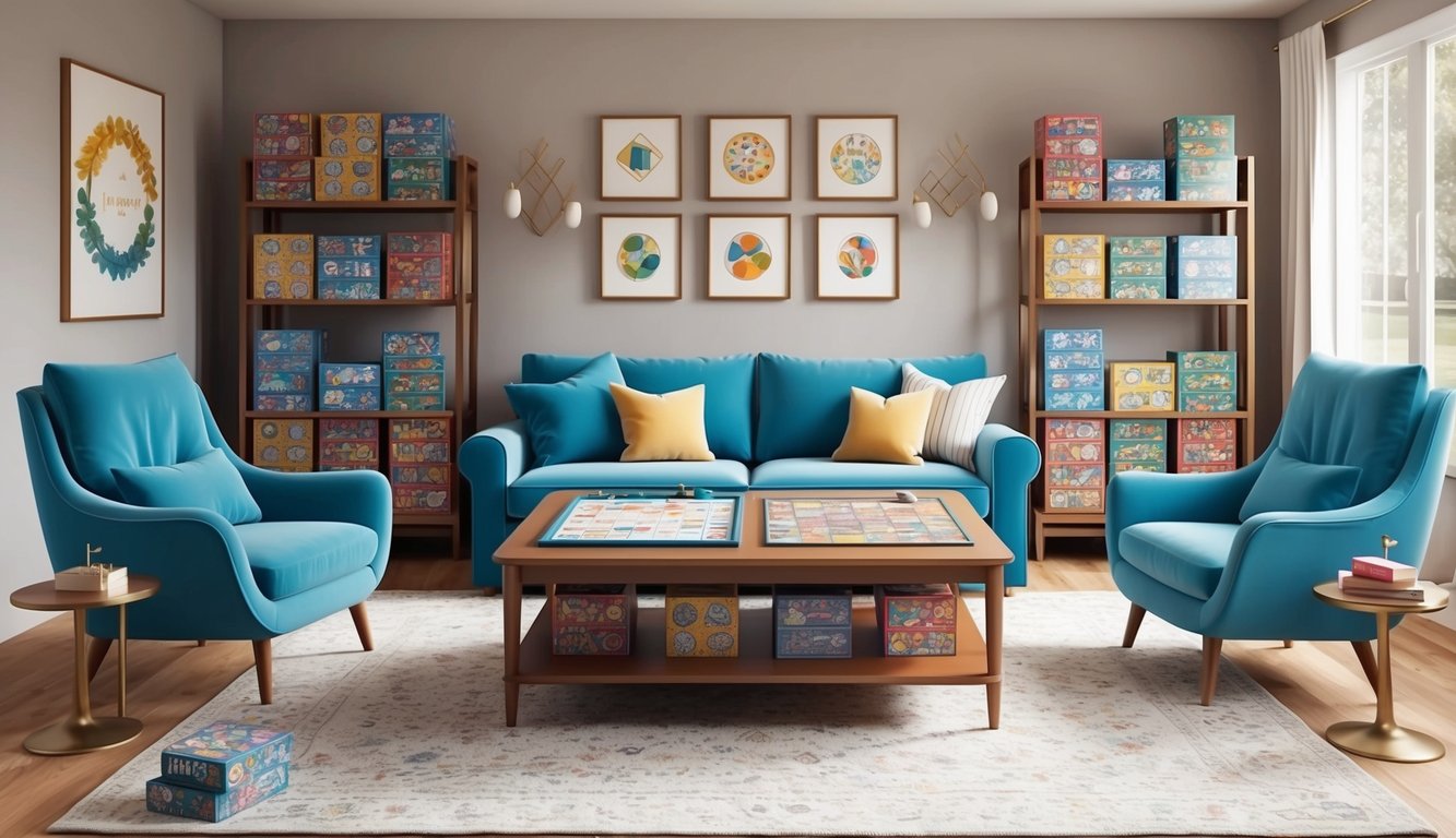 A cozy living room with a coffee table set up for board games, surrounded by comfy chairs and shelves filled with colorful game boxes