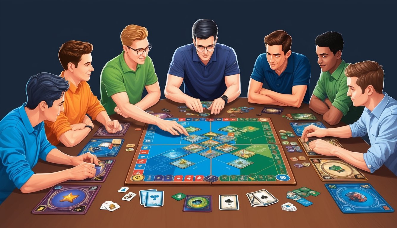 A group of players strategizing together around a table, with a board game set up and various themed game pieces and cards scattered around